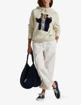 Polo Ralph Lauren Womens Parchment Cream Polo Bear-intarsia Hooded Cotton And Linen-blend Knitted Jumper Xs In White