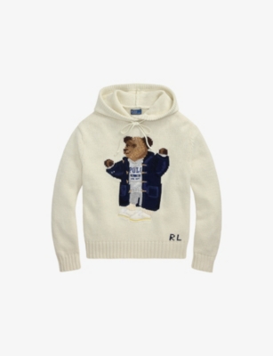 Polo Ralph Lauren Womens Parchment Cream Polo Bear-intarsia Hooded Cotton And Linen-blend Knitted Jumper Xs In White