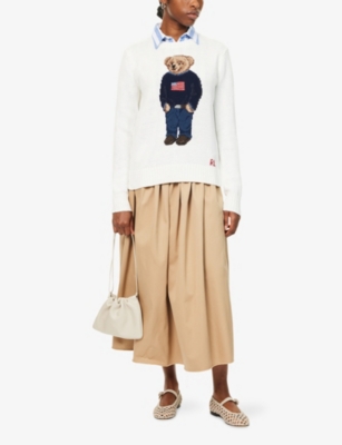 Polo Ralph Lauren Womens Deckwash White Multi Polo Bear Round-neck Linen-cotton Knitted Jumper