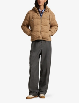 Polo Ralph Lauren Womens Melange Navy Cable-knit Wool And Cashmere Down Jacket Xs In Neutral