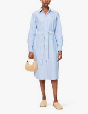 Polo Ralph Lauren Womens Bsr Blue Logo-embroidered Belted Cotton Midi Shirt Dress