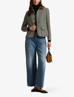 Polo Ralph Lauren Wool-blend Herringbone Suede-trim Jacket In Gray