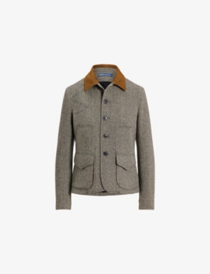 Polo Ralph Lauren Wool-blend Herringbone Suede-trim Jacket In Gray