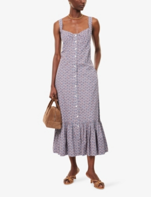Polo Ralph Lauren Womens Floral Blue/cream Floral Shoulder-straps Cotton-poplin Midi Dress In Multi