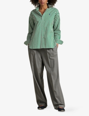 Polo Ralph Lauren Womens Striped Oxford Cotton Shirt 1323d Green Grass/white In Green
