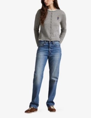 Polo Ralph Lauren Womens Dark Vintage Heather Bear-embroidered Round-neck Cotton-blend Cardigan Xs In Gray