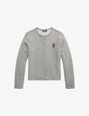 Polo Ralph Lauren Womens Dark Vintage Heather Bear-embroidered Round-neck Cotton-blend Cardigan Xs In Gray