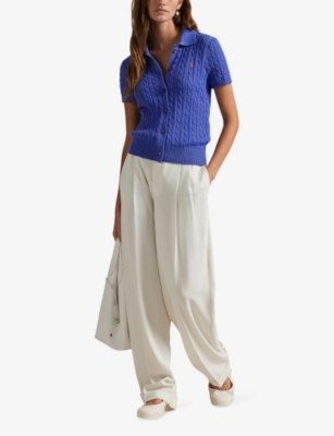 Polo Ralph Lauren Womens Maidstone Blue Logo-embroidered Short-sleeved Cotton-knit Cardigan In Blue