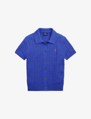 Polo Ralph Lauren Womens Maidstone Blue Logo-embroidered Short-sleeved Cotton-knit Cardigan In Blue