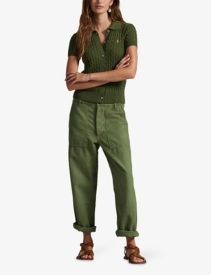 Polo Ralph Lauren Womens Supply Olive Logo-embroidered Short-sleeved Cotton-knit Cardigan In Multi