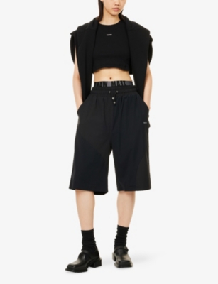 Team Wang Design Omens Black Logo-print Stretch-woven Track Shorts In Black