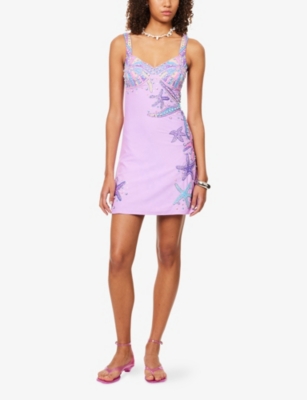 OCEANUS WOMENS LILAC CRESCENT SHELL BEADED MINI DRESS 