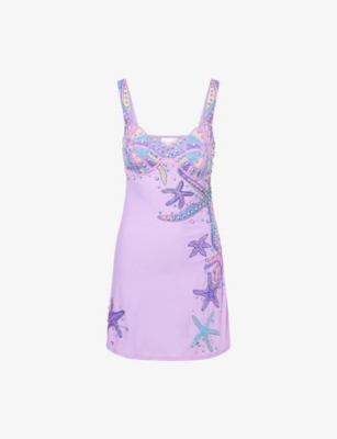 OCEANUS WOMENS LILAC CRESCENT SHELL BEADED MINI DRESS 