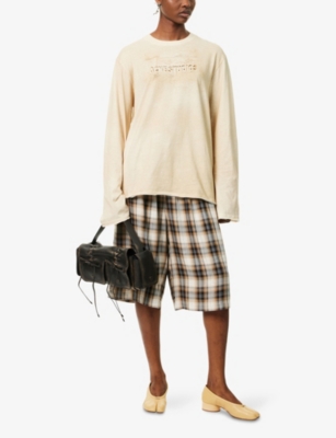 Acne Studios Womens Sand Beige Logo-print Long-sleeve Relaxed Cotton-jersey T-shirt In White