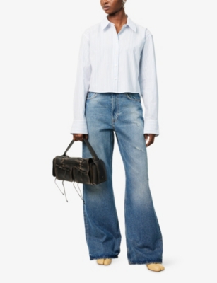 ACNE STUDIOS: Logo-Print Striped Cropped Cotton Shirt