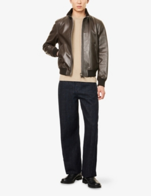 TOM FORD: Shiny Ribbed-Trim Leather Bomber Jacket