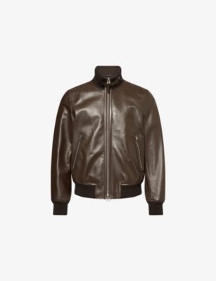 TOM FORD: Shiny Ribbed-Trim Leather Bomber Jacket