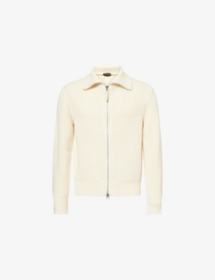 Tom Ford Mens White Roll-neck Zip-through Wool Cardigan In Neutral