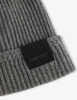 Tom Ford Mens Light Charcoal Folded-brim Logo-patch Cashmere-knit Beanie Hat