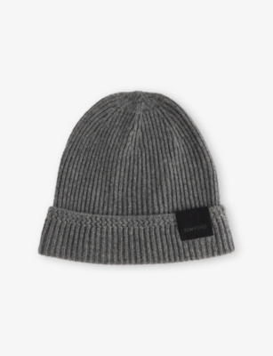 Tom Ford Mens Light Charcoal Folded-brim Logo-patch Cashmere-knit Beanie Hat