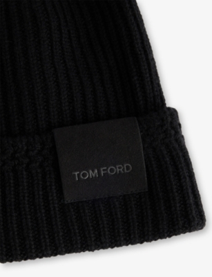 Tom Ford Mens Black Logo-patch Ribbed Cashmere-knit Beanie Hat In Black