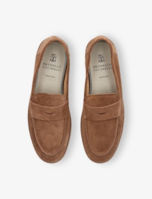Brunello Cucinelli Washed-suede Penny Loafers In Brown