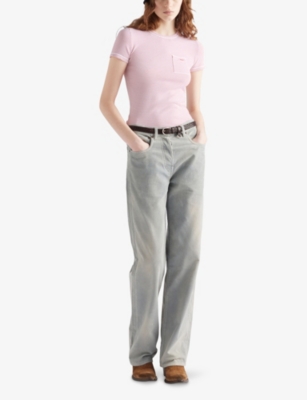 Prada Womens White Striped Crew Neck Cotton Knitted Top