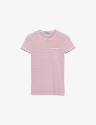 Prada Womens White Striped Crew Neck Cotton Knitted Top
