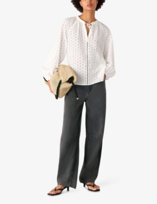 Whistles Womens White Broderie V-neck Cotton Blouse