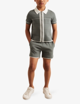 REISS: Baxter Windowpane-Pattern Knitted Polo Shirt 9-13 Years