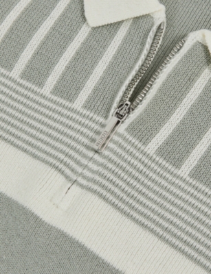 Reiss Sage Green Off White Hugo Striped Knitted Polo Shirt 9-13