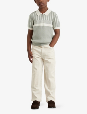 Reiss Sage Green Off White Hugo Striped Knitted Polo Shirt 9-13 In Gray