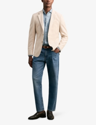 Reiss Mens Oatmeal White Bay Notch-lapel Single-breasted Seersucker Stretch-cotton Blazer In Gray