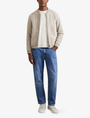 Reiss Mens Light Grey Burnham Ribbed-collar Regular-fit Suede Bomber Jacket Xs In Neutral