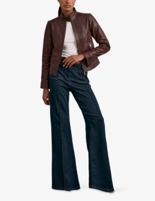 Reiss Womens Burgundy Astra Stand-collar Leather Jacket In Burgundy