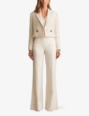 Reiss Womens Mia Double-breasted Cropped Stretch Cotton-blend Blazer White In Neutral