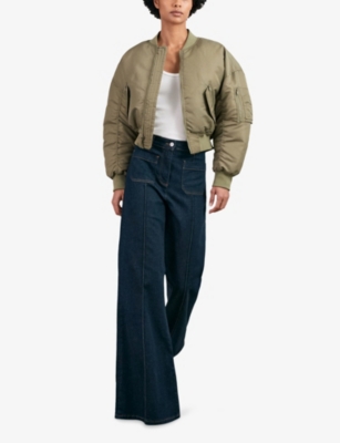 Reiss Womens Khaki Juniper Ribbed-collar Puffer Bomber Jacket In Brown