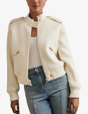 Reiss Womens Cream Cleo Epaulette Short Brushed-wool Bomber Jacket In Gray