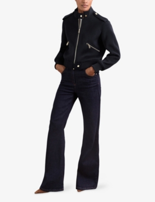 Reiss Womens Navy Cleo Epaulette Short Brushed-wool Bomber Jacket In Blue