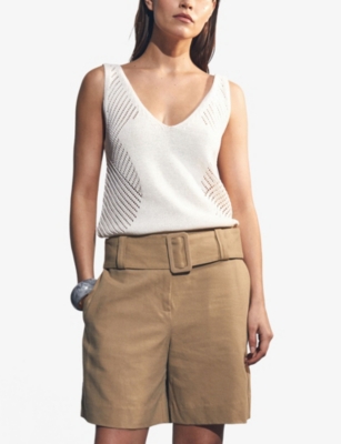 Reiss Womens Harper Regular-fit Belted-waist Cotton And Linen-blend Shorts Camel In Brown