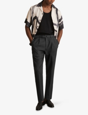 REISS: Strap Belted-Waist Tapered-Leg Stretch Wool-Blend Trousers