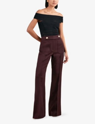 Reiss Womens Burgundy Lily Flared-leg Button-embellished Stretch Wool-blend Trousers In Burgundy