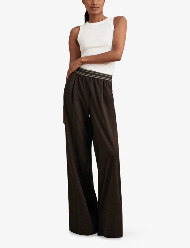 Contrast-Waist Wide-Leg Stretch-Woven Trousers