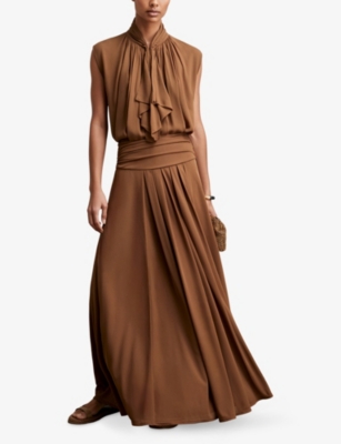 Reiss Womens Tan Brown Saffron Ruched-waist Pleated Woven Maxi Skirt In Brown