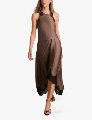 REISS: Anais Round-Neck Lace-Embroidered Asymmetric Satin Midi Dress