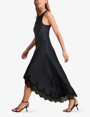 REISS: Anais Round-Neck Lace-Embroidered Asymmetric Satin Midi Dress