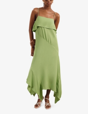 Reiss Womens Alba Ruffle-trim Asymmetric-hem Woven Midi Dress Green In Green