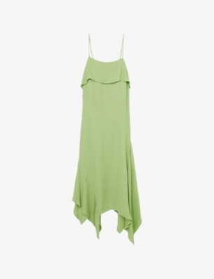 Reiss Womens Alba Ruffle-trim Asymmetric-hem Woven Midi Dress Green