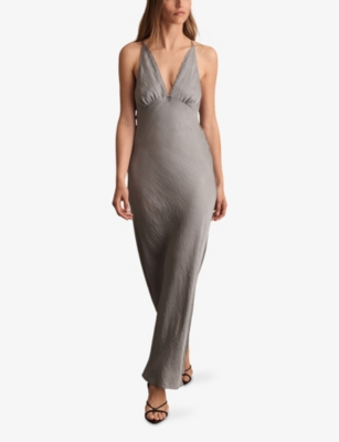 Reiss Womens Vesper V-neck Tie-back Crushed-satin Midi Dress Grey In Gray