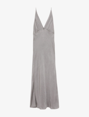 Reiss Womens Vesper V-neck Tie-back Crushed-satin Midi Dress Grey In Gray